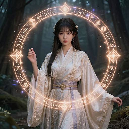 Photorealistic digital image of an Asian woman in an ornate white kimono, standing in a dark forest, surrounded by glowing magical runes.
