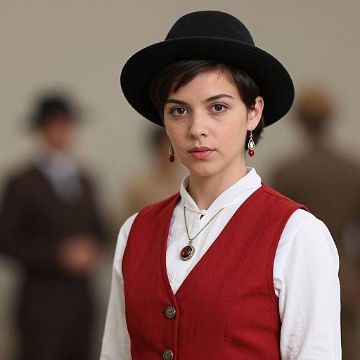 Photograph of a young woman with short black hair, wearing a black hat, red vest over a white shirt, and red earrings, standing against a