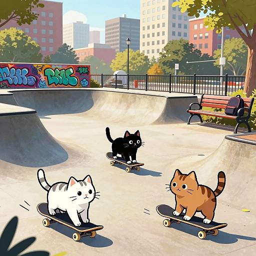 Cats Skateboarding in Urban Comic Style