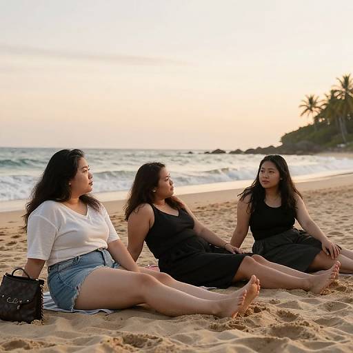 Three Asian women with long black hair, sitting on a sandy beach at sunset, wearing white and black tops with denim shorts. Ocean waves and palm trees