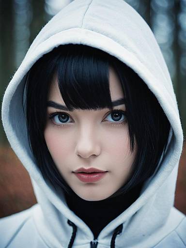 Woman in White Hoodie with Black Hair