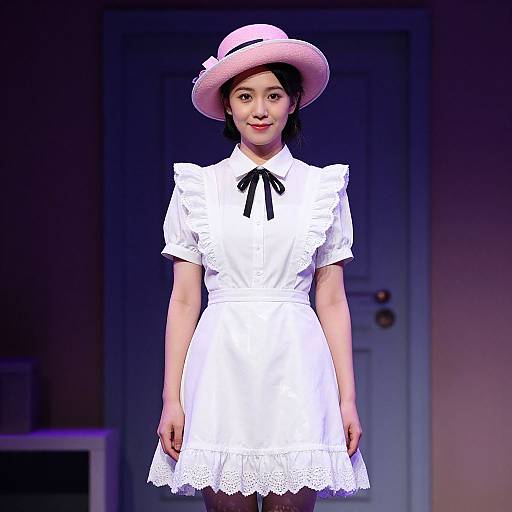 Photograph of an Asian woman with light skin, wearing a white dress with black ribbon, short sleeves, lace trim, and a pink hat, standing