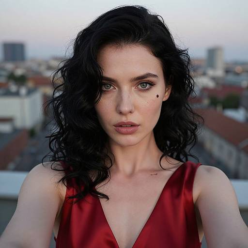 Photograph of a pale-skinned woman with black wavy hair, wearing a red satin V-neck dress, standing on a rooftop with a cityscape