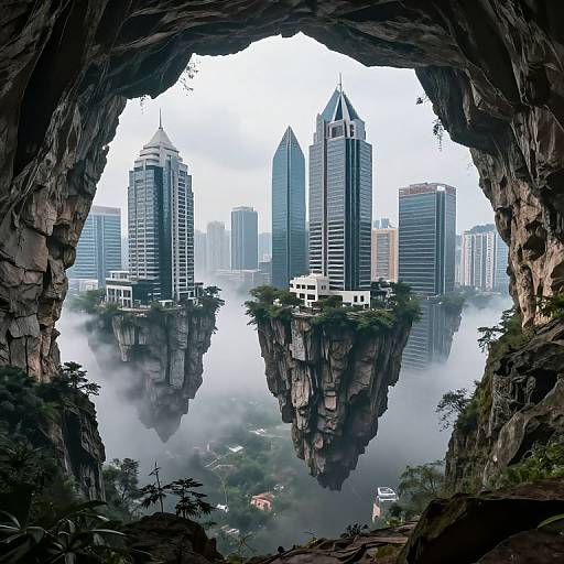 Photograph of futuristic skyscrapers floating on rocky islands, viewed through a dark, rocky cave opening with mist below. Urban jungle meets fantasy architecture.