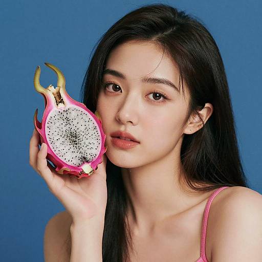 Photograph of an Asian woman with long black hair holding a halved dragon fruit with white interior and black seeds, wearing a pink tank top, against