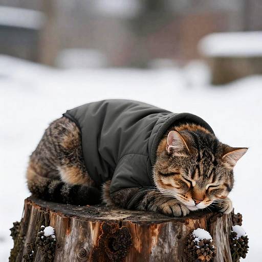 Fat Cat Sleeping on Snowy Stump