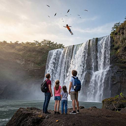 Photograph of three children flying kites near a large, cascading waterfall with mist, surrounded by lush greenery and bright sky.