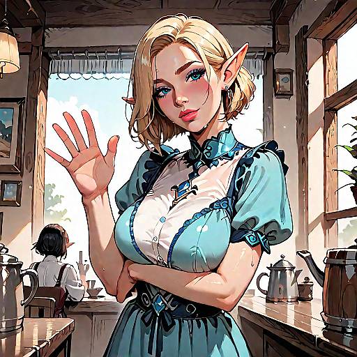 Elf Girl Waving in a Tavern Scene