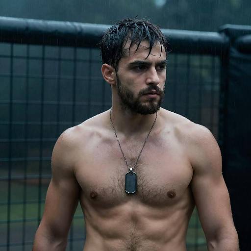 Brooding Man in Rainy Cage Setting