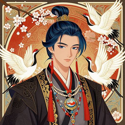 Vector Portrait of Oriental Man with Cranes