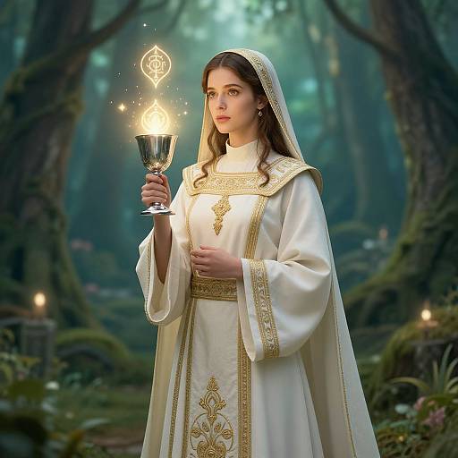 Young Female Priestess in Enchanted Forest