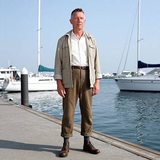 Photograph of a middle-aged man with short brown hair, wearing a beige jacket, white shirt, brown pants, and black boots, standing on a