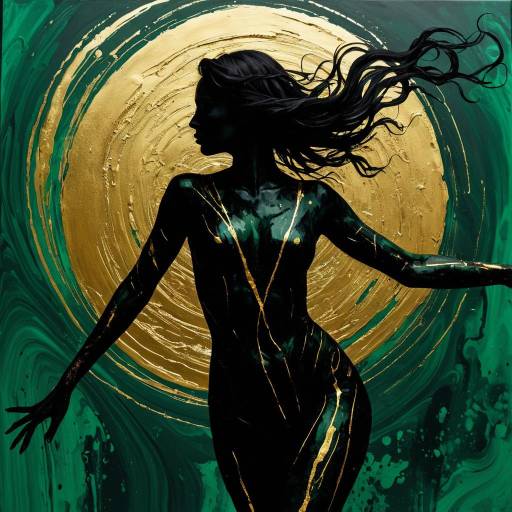 Silhouette of Woman with Gold and Jade Abstract