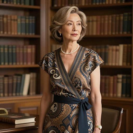 Elegant older woman with short gray hair, wearing a patterned navy dress, pearl necklace, and black sash, stands in a library. Phot