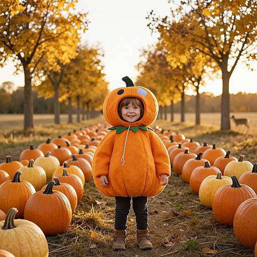 Cheerful Child in Handmade Pumpkin Costume