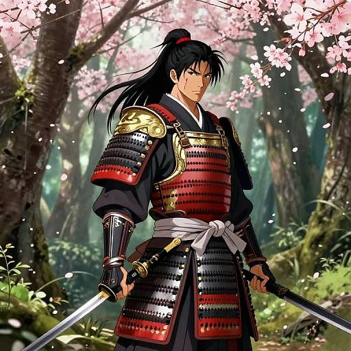 Anime-style digital illustration of a samurai with black hair in a ponytail, wearing red and black armor, holding two swords, standing in a cherry