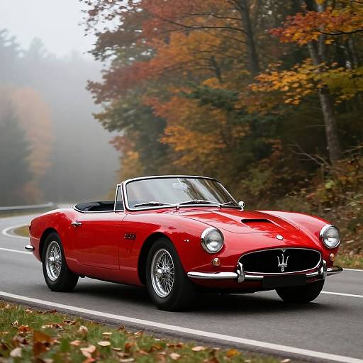 Photograph of a vibrant red classic convertible car with black top, driving on a winding road through a misty autumn forest.