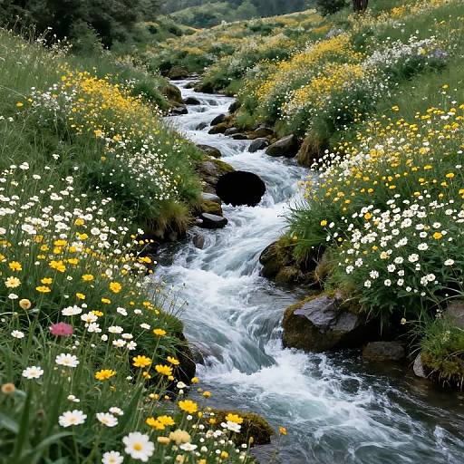 Photograph of a vibrant, winding stream with white and yellow wildflowers, surrounded by lush green grass and rocks, in a serene forest setting.