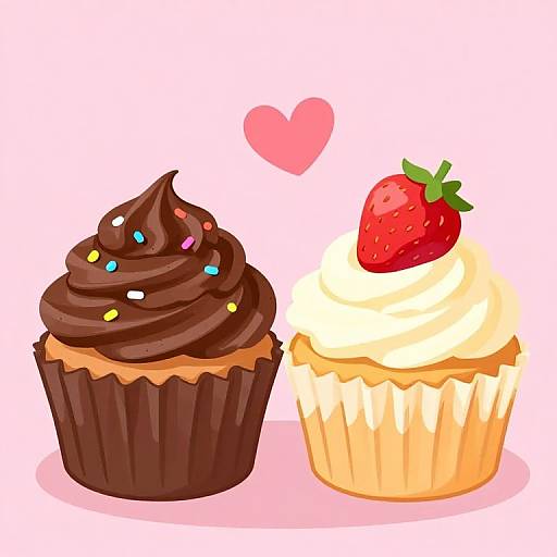 Digital illustration of two cupcakes: left with chocolate swirl, colorful sprinkles; right with white swirl, strawberry on top, pink heart above.