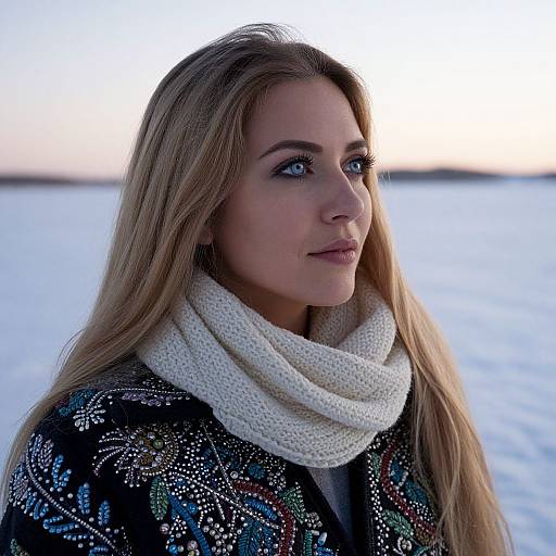 Photograph of a blonde woman with blue eyes, wearing a white knitted scarf and ornate black coat, standing by a calm, blue-water lake