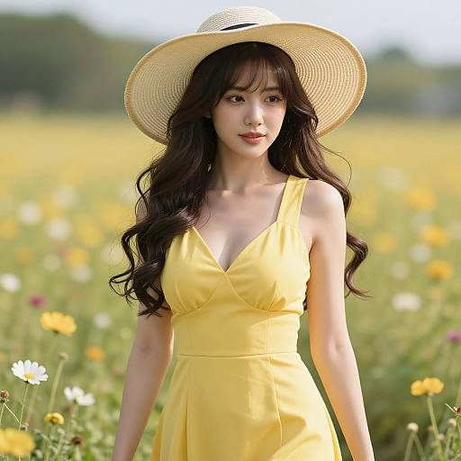 Photograph of an Asian woman with long black hair, wearing a yellow dress and wide-brimmed hat, standing in a sunny, blooming field