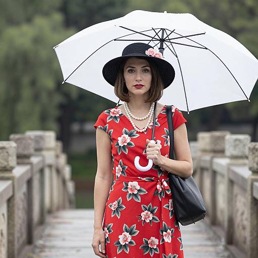 Elegant Woman with Umbrella and Flowers