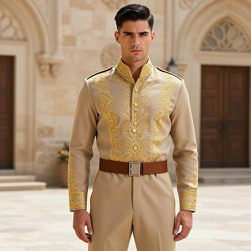 Photograph of a handsome, dark-haired man in a beige, ornately embroidered traditional outfit with a brown belt, standing in front of a stone building