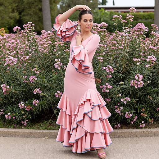 Photograph of a dark-haired woman in a pink, ruffled, floor-length dress, standing amid pink flowers, posing with her hand in her hair