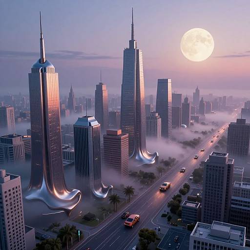 Digital artwork of a futuristic cityscape at sunrise, featuring two sleek, curved skyscrapers with glowing edges, surrounded by mist and a bright, large