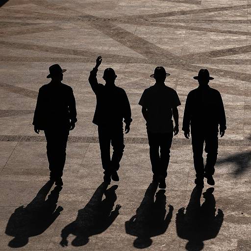 Silhouetted men walking with hats and long shadows
