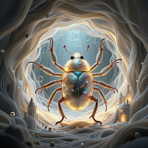 Digital artwork of a glowing, iridescent beetle with six legs, standing in a swirling, illuminated cave surrounded by small, glowing houses.