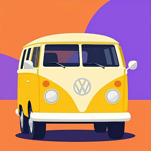 Digital illustration of a bright yellow vintage Volkswagen van with white accents, large circular headlights, and a prominent VW logo, set against a colorful orange and purple