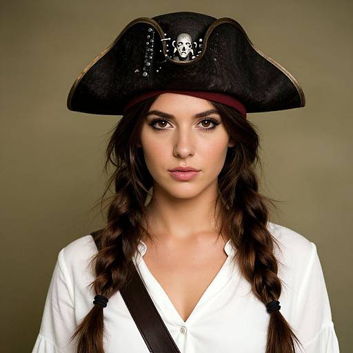 Photograph of a young woman with long brown hair in braids, wearing a black pirate hat with a skull emblem, and a white shirt, against