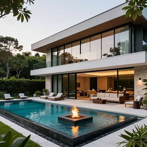 Photograph of modern, two-story glass house with outdoor pool, lit fire pit, lounge chairs, and dining area at dusk.