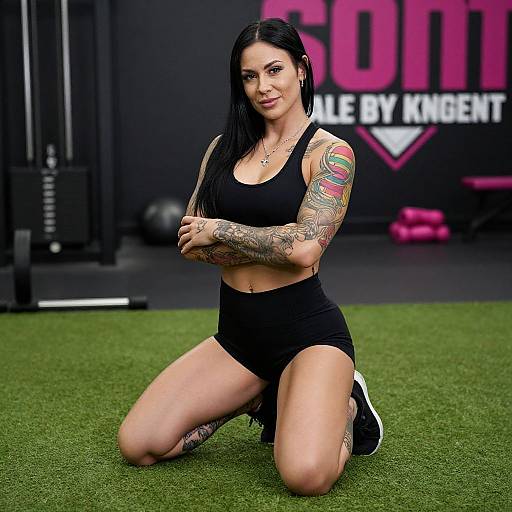 Photograph of a tattooed, black-haired woman in black sports bra and shorts, kneeling on grass, gym background, 