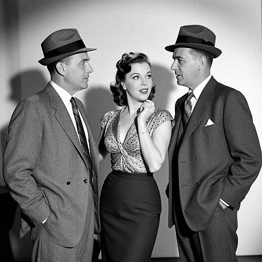 Black-and-white photograph of three 1940s-style individuals: two men in suits and fedoras, one woman in a patterned blouse and skirt