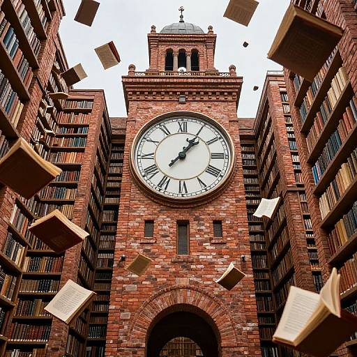 Photograph of a red-brick library with a large clock tower, books flying in mid-air, flanked by tall, book-filled shelves.