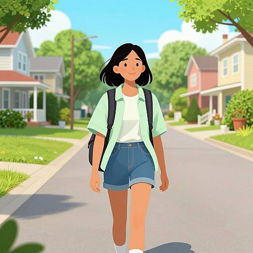 Digital illustration of an Asian girl with black hair, wearing a white shirt, blue shorts, and backpack, walking down a sunny suburban street.