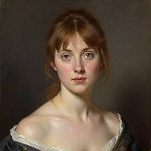 Realistic digital portrait of a young Caucasian woman with fair skin, blue eyes, and brown hair, wearing a white-trimmed off-shoulder