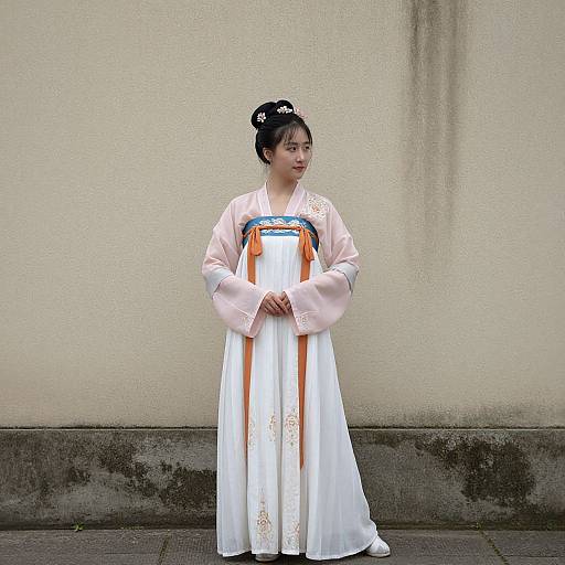 Photograph of an East Asian woman in a traditional white hanbok with pink sleeves and orange sash, standing against a beige wall.
