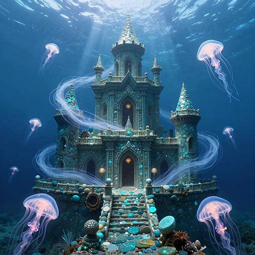 Photorealistic digital artwork of an underwater castle with glowing jellyfish, illuminated by sunlight filtering from above, surrounded by colorful coral and sea creatures.