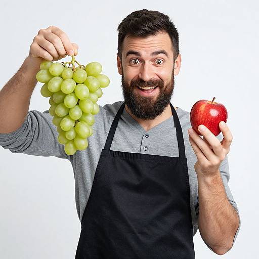 Bearded man with dark hair, gray shirt, black apron, holding green grapes in left hand and red apple in right hand, smiling. White