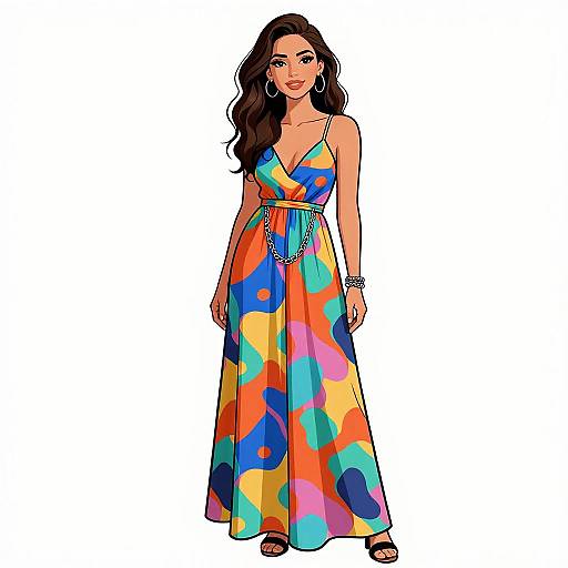 Digital illustration of a smiling woman with wavy brown hair in a colorful, flowing, V-neck maxi dress with abstract patterns. She wears hoop earrings and