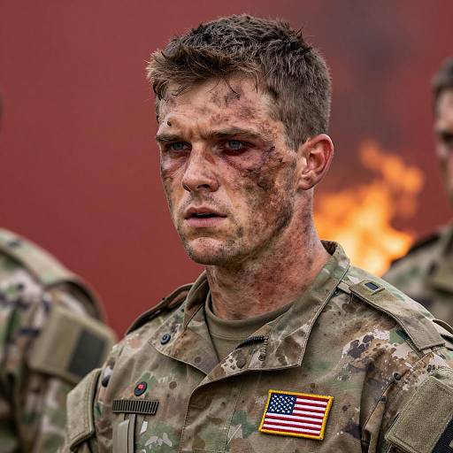 Soldier in Distress Against Fiery Background