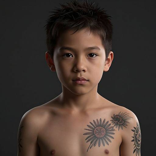 Photograph of a young Asian boy with short black hair, shirtless, showing detailed black sunflower tattoos on his chest and shoulder, against a dark