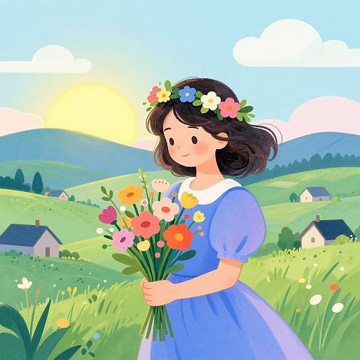 Chagall-Style Girl with Floral Bouquet