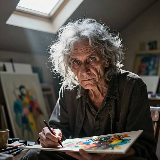 Photograph of an elderly woman with wild white hair, intense blue eyes, and wrinkled skin, painting in a dimly lit attic studio. Sun