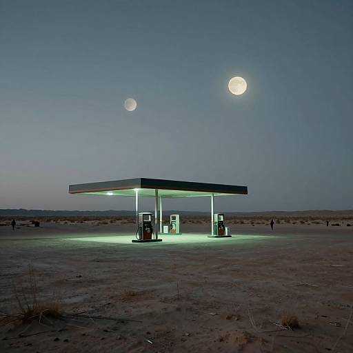 Photograph of a deserted, illuminated gas station at night with a clear sky, showing two bright moons in the background.