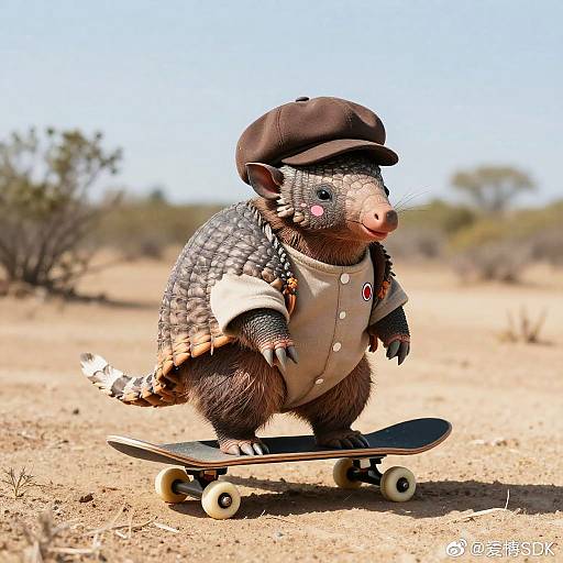 Clothed Armadillo Skateboarding in Scrubland