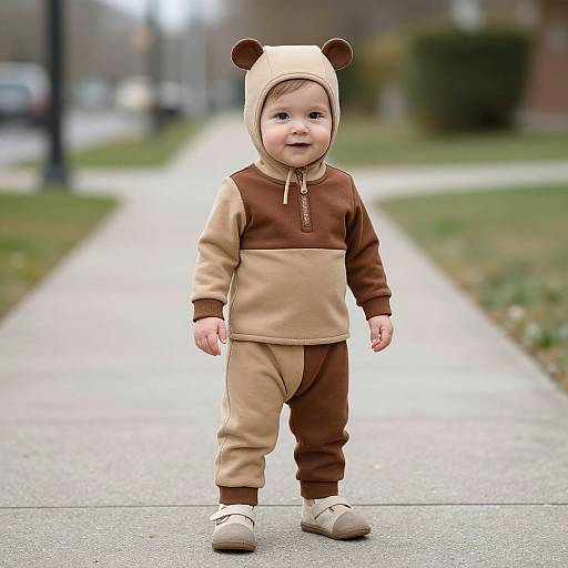 Photograph of a smiling baby in a brown and beige bear-themed onesie, hood with bear ears, white shoes, standing on a suburban sidewalk.